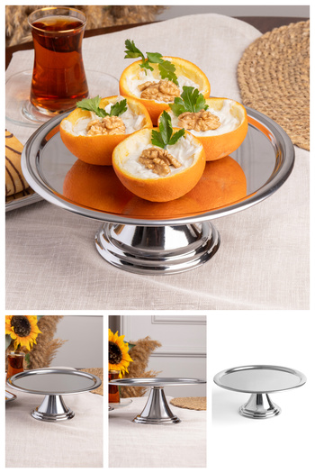 NEWTREND Züccaciye Luxury Round Silver Stand Cake, Cake, Cookie, Dessert, Treat, Dowry Presentation Serving Stand