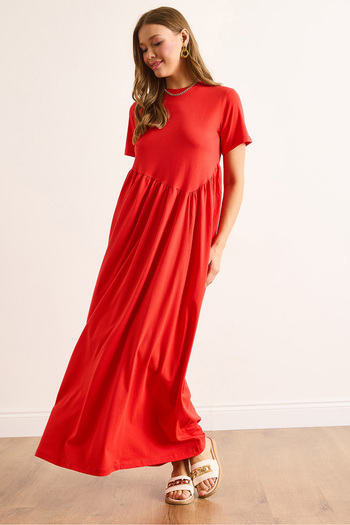 Olalook Women's Red Front Asymmetrical Stitching Long Bell Cotton Dress Elb-19002446