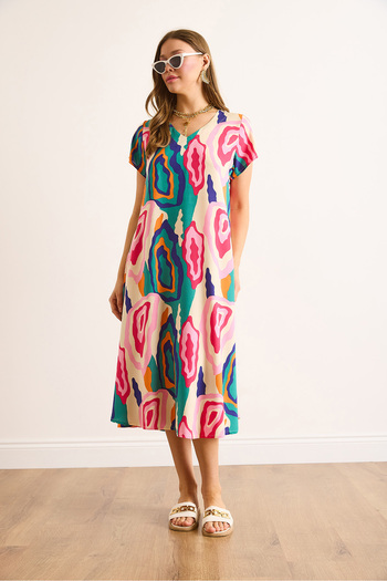 Olalook Women's Pink Blue V Neck Patterned Woven Viscose Midi Bell Dress Elb-19002443