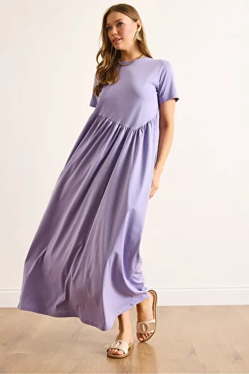 Olalook Women's Lilac Asymmetrical Stitching Front Long Bell Cotton Dress Elb-19002446