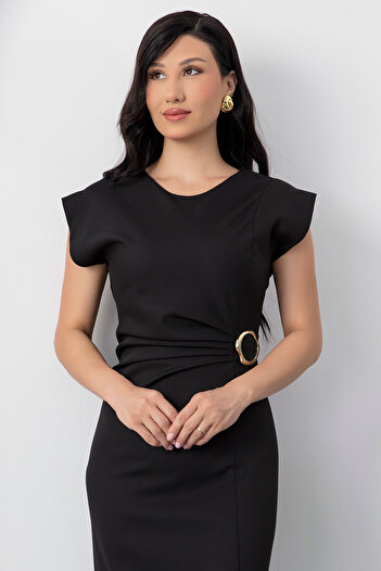 PULLIMM Crew Neck Buckle Gathered Dress Yzc25Y228