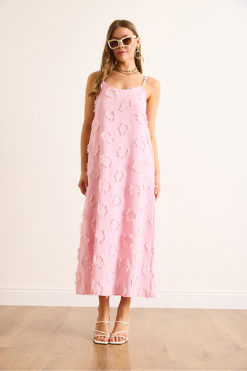Olalook Women's Pink Strap Adjustable Textured Midi Dress Elb-19002495