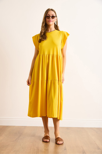 Olalook Women's Mustard Sleeve Ruffle Fragment Midi Cotton Dress Elb-19002445