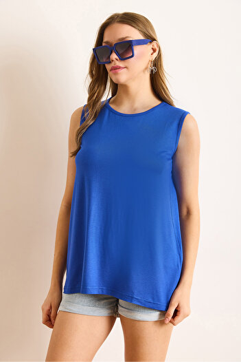 Olalook Women's Saks Blue Crew Neck Long Sleeveless Knitted Viscose Blouse Blz-19002934