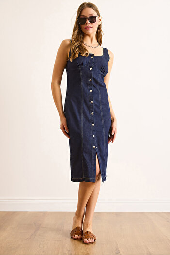 Olalook Women's Navy Blue Strap Snap Fastener Lycra Midi Denim Dress Elb-19002490
