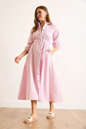 Olalook Women's Pink Elastic Waist Pocket Maxi Shirt Dress Elb-19002398