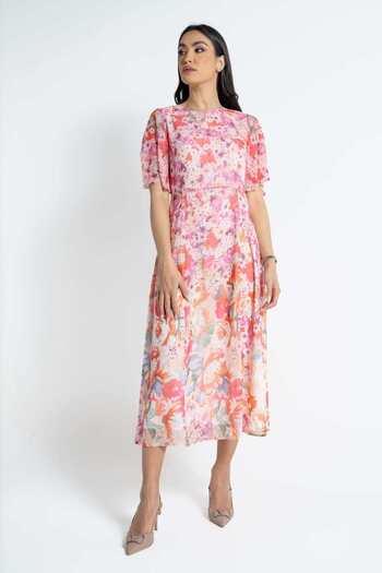 Nichii Floral Chiffon Short Sleeve Midi Dress