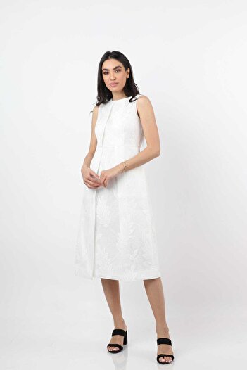 Nichii Women's Sleeveless Lace Midi Dress with Waist Detail