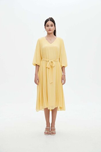 Nichii Women's Midi Dress with 3/4 Sleeves, V-Neck, and Waist Tie