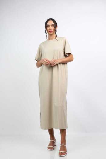 Nichii Simple Midi Dress with Side Slits and Short Sleeves -
