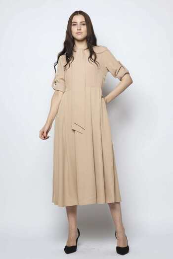 Nichii Solid Midi Dress with Long Sleeves and Adjustable Tie Neck