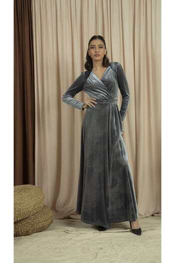 Nichii Women's Velvet Dress with Deep V-Neck