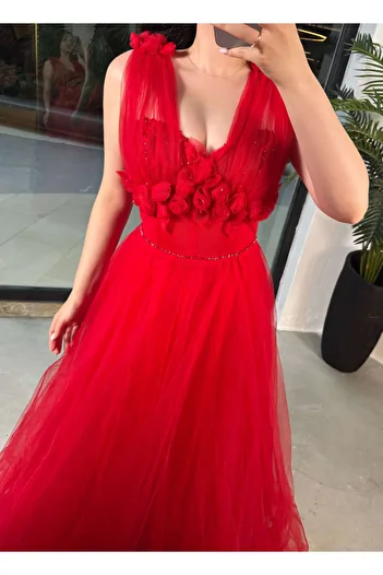 missswans Mira Floral Embroidered Bead Tulle Detailed Evening Dress Light Red