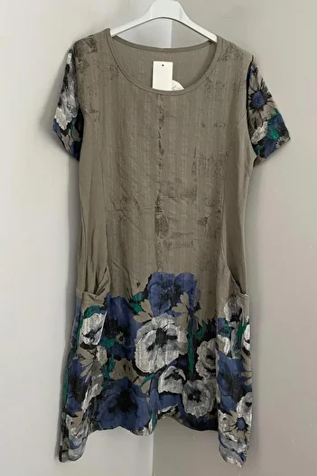 AYASOFYA OTANTIK Women's Italian Mink Wildflowers Pattern Short Sleeve Cotton Midi Dress with Bag Pocket