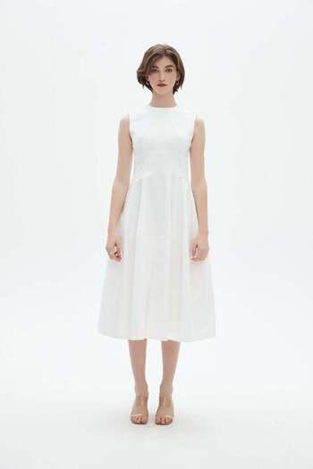 Nichii Sleeveless Ruffled Midi Dress with Front Slit and Round Neck