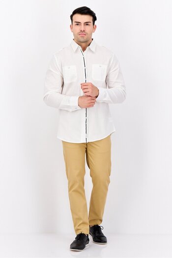 Paper Denim & Cloth Men Slim Fit Plain Long Sleeve Casual Shirt, White