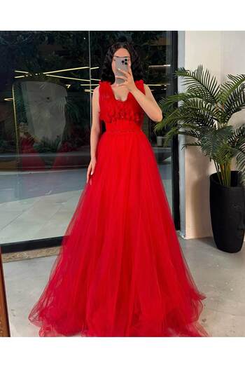 missswans Mira Floral Embroidered Bead Tulle Detailed Evening Dress Light Red
