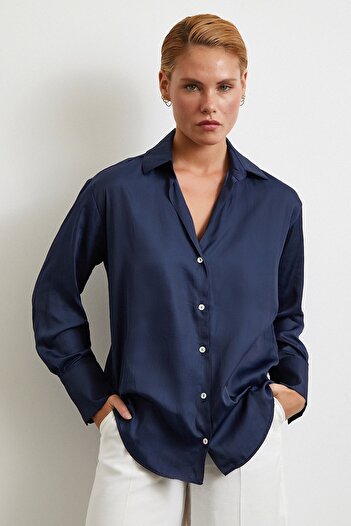 Never more Diagonal Pattern Shirt Navy Blue