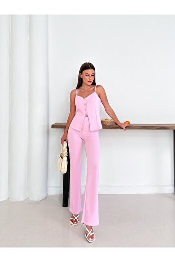 LE CARAMBOLE Women's Pink Strap Vest Pants Bottom Top Set