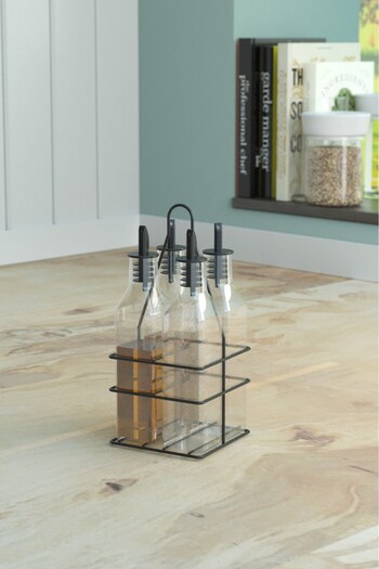 Tekno-tel Teknotel 4-Piece Glass Bottle Oil Dispenser Sauce Bowl Vinegar Stand Mat Black Mg023