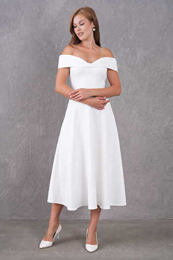 Secret Passion Lingerie White Stretchy Scuba Fabric Strapless Neckline Design Flared Cut Midi Evening Dress 77128