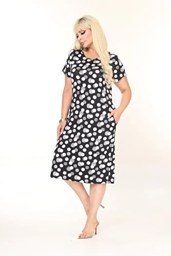 modayız Black and White Polka Dot Pocket Relaxed Cut Summer Casual Dress 44D-2689