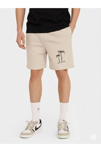 NO 601 Men's Beige Palm Los Angeles Printed Combed Cotton Casual Shorts