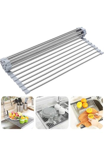 Hexar Over The Sink Dish Drying Rack, Roll Up Sink Dish Drainer Rack Multipurpose Foldable Kitchen