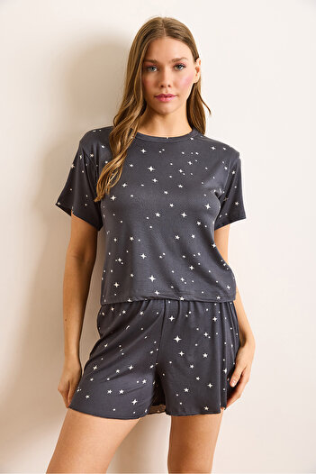 Olalook Women's Smoked Star Printed Suede Textured Shorts Pajamas Set Pjm-00000022