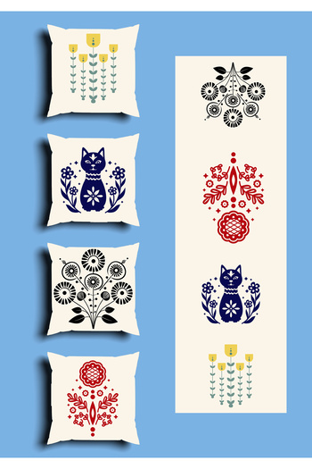 GREENDECOR Bohemian Geometric Line Shapes Special Design 4 Pcs. Double Side Printed Throw Pillow Cover and 1 Pcs. Runner
