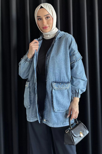 julude Ice Blue Hooded με φερμουάρ με πέτρινη λεπτομέρεια Hijab Jean Jeans Jacket