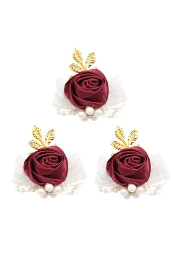 KERNOWSUN KERNOWSUN Bridesmaid Corsage Bracelets Set of 3, White, with Red Rose and Pearls Decorated