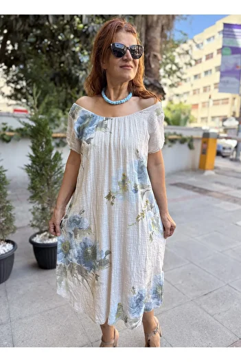 DenizEge Clara ιταλικό φλοράλ φόρεμα μπεζ