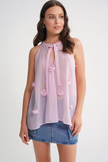 Mixray 4719 Kadın Çicek Detaylı Transparan Bağlamalı Bluz Pembe