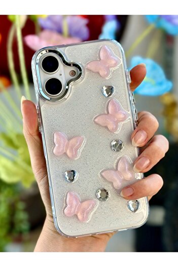 Go Aksesuar iPhone 16 Compatible 3D Pink Butterfly Design Silicone Case with Toys