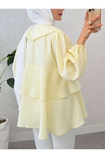 Modamorfo Bebe Yaka Önü Bağcıklı Eteği Katlı Kimono -Açık Sarı