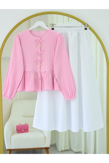Modamorfo Buttoned Sleeve Elastic Blouse with Bow Detail on the Front - Pink