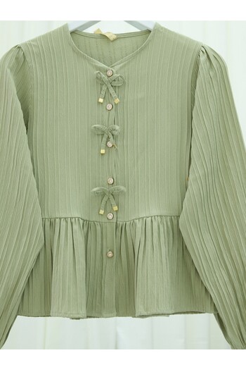 Modamorfo Buttoned Sleeve Elastic Blouse with Bow Detail on the Front - Çağla Y.