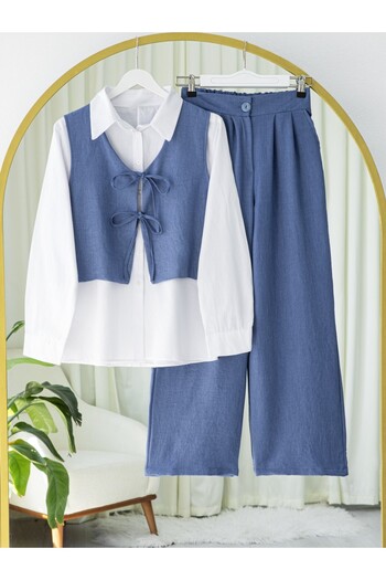 Modamorfo Front Lace-Up Trouser Vest Double Linen Suit -Indigo