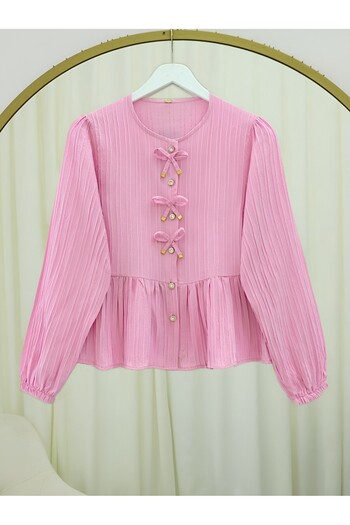 Modamorfo Buttoned Sleeve Elastic Blouse with Bow Detail on the Front - Pink