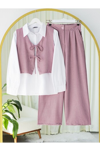 Modamorfo Front Lace-Up Trouser Vest Double Linen Suit -Powder