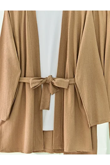 Modamorfo Crinkle Kimono Suit with Side Pockets and Belted Waist and Long Sleeve Trousers - Mink
