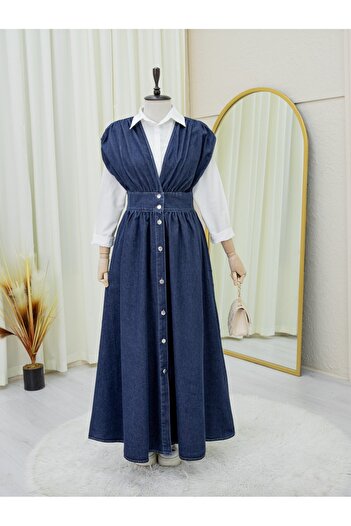Modamorfo Full Buttoned V-Neck Zero Sleeve Jeans Gilet - Navy