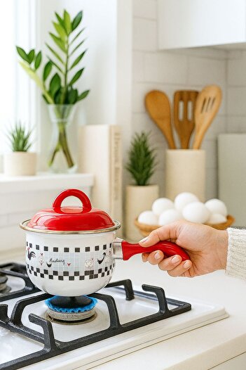 ENYAZA(2024) Enamel Mini Milk Jug – Patterned Red Lid, Enamel Handle
