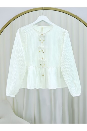 Modamorfo Buttoned Sleeve Elastic Blouse with Bow Detail on the Front - White