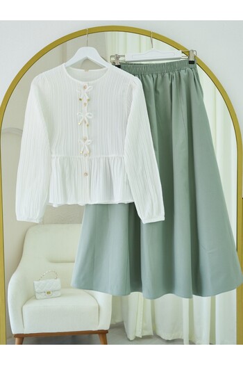 Modamorfo Buttoned Sleeve Elastic Blouse with Bow Detail on the Front - White