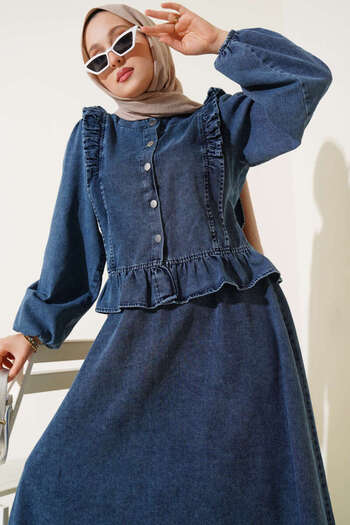 Weak Blue Women's Ruffle Detailed Buttoned Jeans Suit