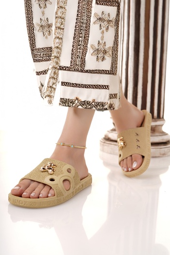 Modafırsat Women's Slippers Beige Non-Slip Waterproof Stylish Home Out Beach Summer Daily Slippers