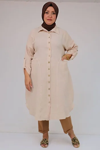 Eslina 58071-1 Large Size Muslin Shirt with Front Pockets - Beige