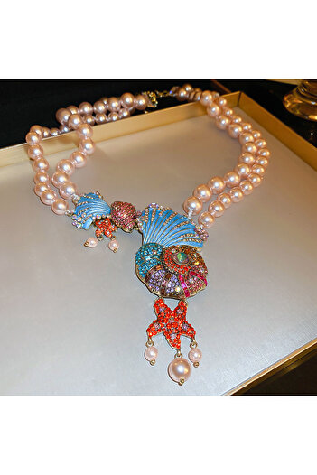 Choice necklace Inlaid Rhinestone Shell Stars Double Pearl Necklace for Women Light Luxury Style Exaggerate